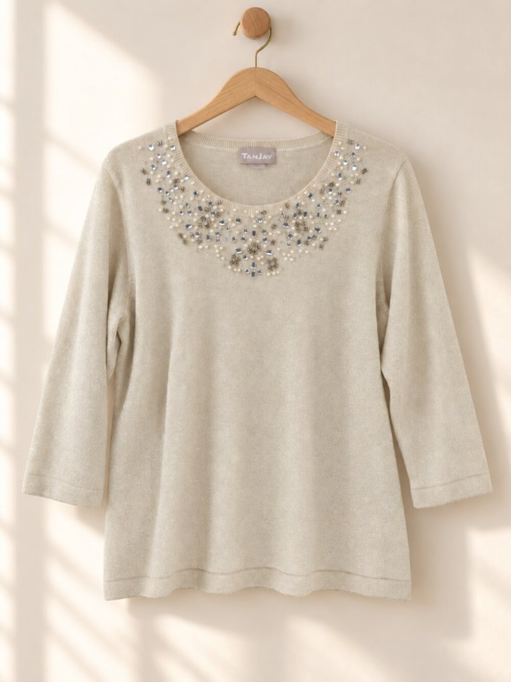 TanJay, Embellished Metallic Knit Top, Cream, 3/4 Sleeve, Size M